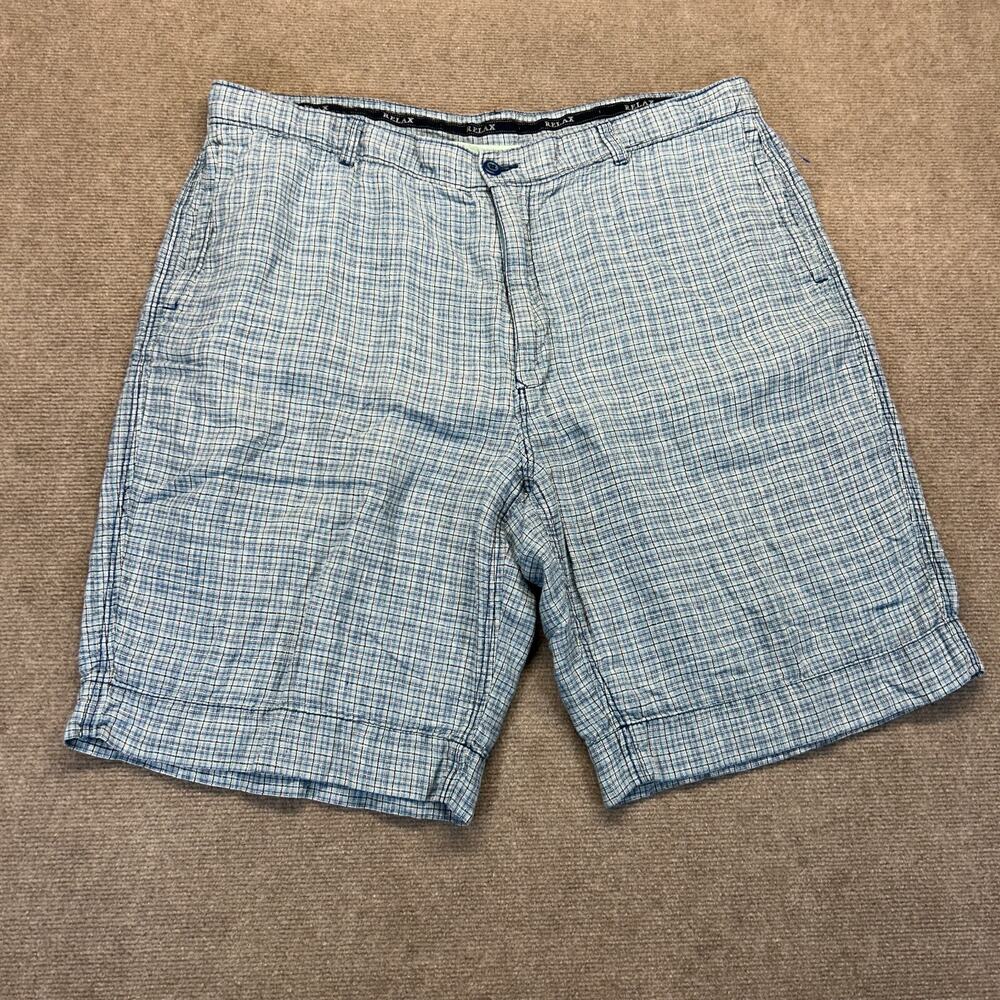 Tommy Bahama Linen Blend Shorts Men's 40 Blue-Gray Plaid Beach Prep 10"